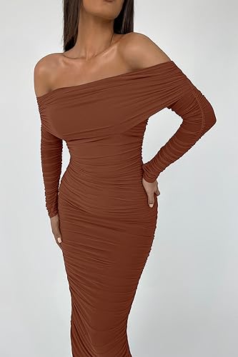 Prettygarden Women'S Fall Off Shoulder Maxi Bodycon Dress Long Sleeve Ruched Fitted Club Dresses With Slit thumb #6