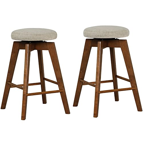 Butacos giratorios COSTWAY, juego de 2, altura de barra de 26 pulgadas sin respaldo, patas de madera de caucho, asiento de tela de lino, reposapiés, estilo moderno para isla de cocina, pub o comedor, beige + marrón miniatura 1