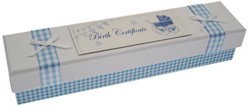 Image of WHITE COTTON CARDS Handmade Boys Birth Certificate Holder (Blue, Pram & Bunting)