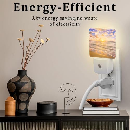 Image of Sunset at Sea Night Light for Kids, Beach and Ocean Waves Night Light Plug in with Dusk to Dawn Sensor, 0.5w Energy Saving Sleep Friendly Nightlight for Hallway Stairway Kitchen Bedroom