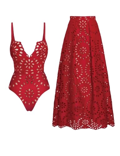 Vibecurve® Flower Hollow One Piece Swimsuit and Skirt Set Black Red Navy2