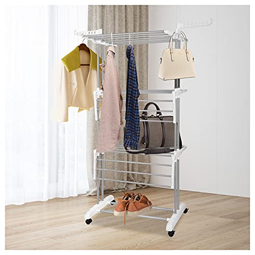 Bigzzia Clothes Drying Rack, Folding Stainless Steel Drying Rack Clothing Indoor Outdoor, Space-Saving, 4 Tier Laundry Drying Rack with Two Side Wings -Grey White
