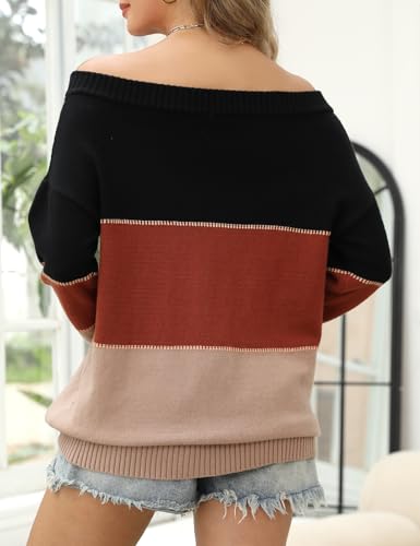 Image of VIMPUNEC Womens Off The Shoulder Sweaters Color Block Oversized Pullover Sweater Cable Knit Chunky Tops Stripe Brown M