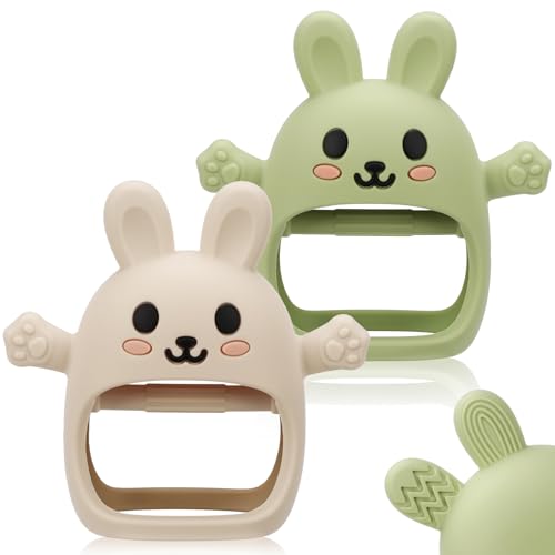 2 Pack Baby Teething Toys for 3-6 6-12 Months, Soft Silicone BPA Free Bunny Teething Mitten, Anti Drop Chew Teether Toys 0-3 6 9 12 Months for Babies Sucking Needs