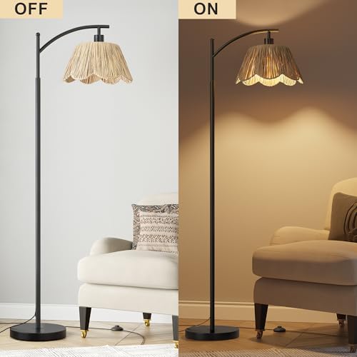 Image of Oneach Boho Rattan Floor Lamp for Living Room, Farmhouse Standing Lamp with Hand-Woven Shade, Black Metal Base & Pole, Foot Switch - Corner Reading Lamp for Bedroom