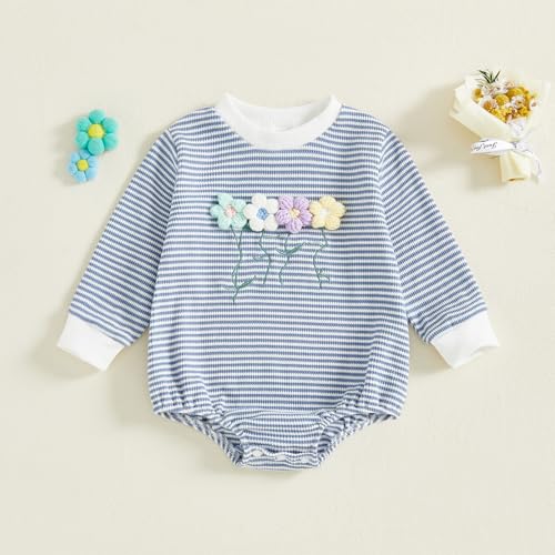 Newborn Baby Girl Romper 3D Flower Fall Winter Clothes Striped Waffle Bubble Sweatshirt Cute Coming Home Outfit3