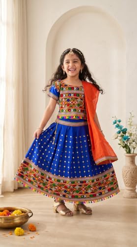 Image of AHHAAAA Girls Lehenga Choli with Dupatta, Kids Embroidered Chaniya Choli Set for Navratri Garba Dandiya Wedding Party Ethnic Outfit Y0045