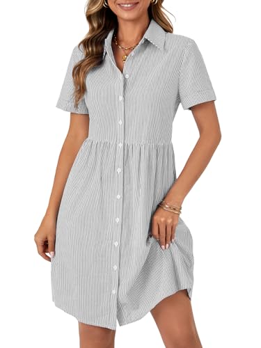Image of Rooscier Women's Striped Shirt Dress Button Down Collared Short Sleeve Mini Dress