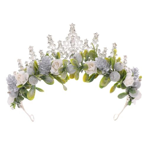 CoTeeZa Silver Green Christmas Flower Crown - Sparkling Rhinestone Christmas Tiara with Snowy Fern and Floral Accents Winter Holiday Wedding Hair Accessory Birthday Party Headpiece for Women
