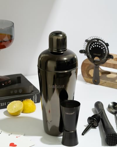 Image of Car-O-Bar Gun Metal Bar Set with Stand | 10 Piece Bartender Kit :Cocktail Shaker, Bar Spoon, Jigger, Muddler, Strainer, Wine & Beer Bottle Opener, 2 Pour Spouts, Tong, Wooden Stand with Handles