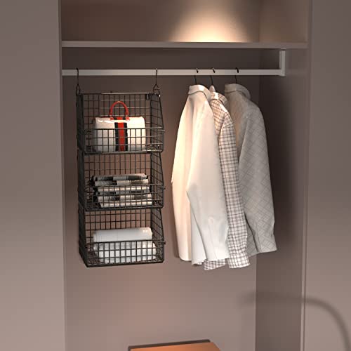 PUPPYCUTE Stackable Wire Storage Baskets for Kitchen Closet Pantry, Hanging Closet Organizers Storage Shelves Organization, Wall Mount Metal Basket Bins, Clothing Vegetable & Fruit Organizer 3 pcs by PUPPYCUTE - Used condition - Image 2