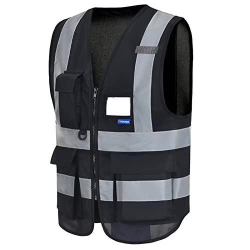 Image of High Visibility Reflective Vest, Mic Tabs, Front Zipper, Black, S | Black S work vest with 7 pockets, front zipper and reflective strips for security and warehouse work; for men and women.