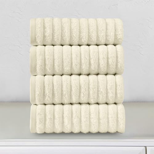 Image of Elegant Comfort Luxury 100% Turkish Cotton Corduroy Ribbed 4 Pack Hand Towel Set 16 x 28 Inch - Absorbent, Super Soft, Quick Dry, Premium Towels for Bathroom, Gym, Spa and Hotel Use, Ivory