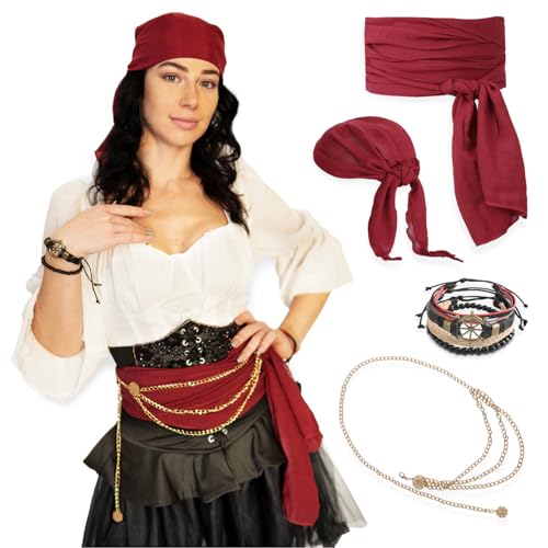 Festicy Disfarce pirata mulher carnaval 2025 com acessórios: Cinto de corrente dourada, lenço durável, pulseiras de couro e faixa pirata