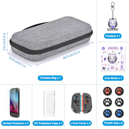 Image of innoAura Switch 2 Case 14-in-1 Bundle for NS Switch 2 (2025), with Carrying Case, Protective Cover, Thumb Grips, Screen Protector, Cute Pendant and Sticker, Gray