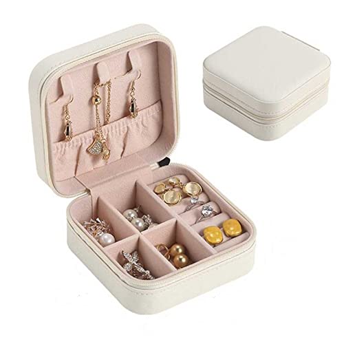 ASLIDECOR Small Travel Jewelry Case,Leather Travel Jewelry Box With Zipper,Jewelry Travel Organizer Box Gift for Rings Necklaces Earrings(white)