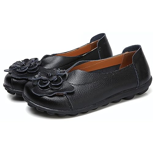 Women Concise Flower Flats Black Shoes,Leather Fashion Woman Flat with Flowers Ladies Casual Shoes, Round Toe Flowers Low Top Walking Slip On