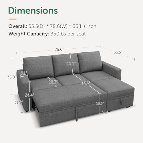 Image of HONBAY Modular Sectional Sleeper Sofa with Pull Out Bed, L Shaped Couch with Storage Seat, Modular Sectional Couches for Living Room - Dark Grey