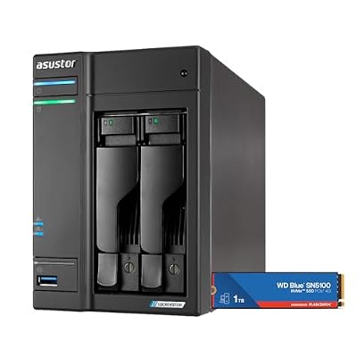 Asustor Lockerstor 2 Gen2 AS6702T with 1 x 1TB SSD (WDS100T5B0E), 2 Bay NAS, Quad-Core 2.0 GHz CPU, 4X M.2 NVMe Slots (PCIe 3.0), Dual 2.5GbE, 4GB DDR4 RAM, Network Attached Storage