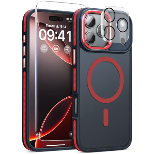 Magnetic 3 in 1 for iPhone 17 Pro Max Case, [Omni-Directional Protection] with 1x Screen Protector + 1x Camera Cover, [Seamless Work with Magsafe] Protective Silm Matte Case for iPhone 17 Pro Max Red by DOMAVER - Used condition - US$12.47