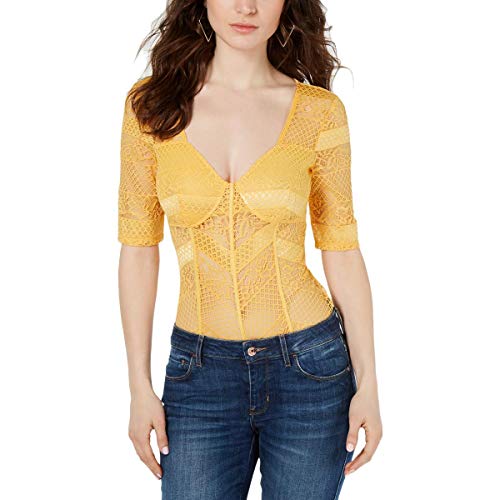 GUESS Womens Denessa Lace Scoop Neck Bodysuit Yellow XL