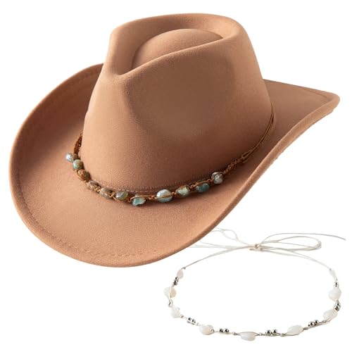 Jastore Western Cowboy Hat for Kids Girl Boy Classic Fedora Hat Felt Cowgirls Hats with Two Decorative Bands (US, Age, 6 Years, 12 Years, Khaki)