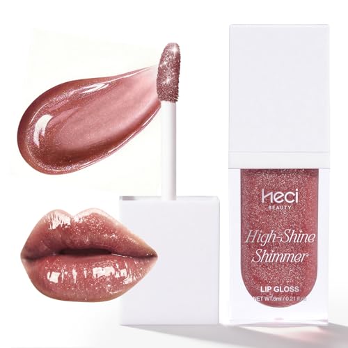 HECI BEAUTY Glitter Lip Gloss, Hydrating High Shine Lipgloss for Women, Non-Sticky Plumping Lip Oil with Vitamin E, Long Lasting Shimmer Finish for Daily Makeup, Mauve, 0.21 fl oz