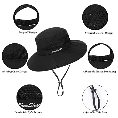Image of Sun Hat for Women Summer UV Protection Beach Hat Wide Brim Mesh Bucket Fishing Hat with Ponytail Hole Foldable Packable Hat