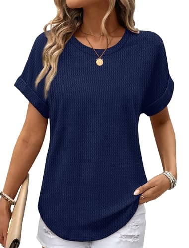 Sampeel Crewneck Sweaters for Women Summer Shirts Short Sleeve Tunic Tops for Leggings Loose Fit Navy Blue S