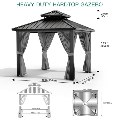 10x10ft Double Roof Hardtop Gazebo, Heavy Duty Galvanised Steel Hardtop Pavilion with Nettings and Curtains, Aluminum Gazebo for Patio, Terrace, Lawn and Deck, Grey