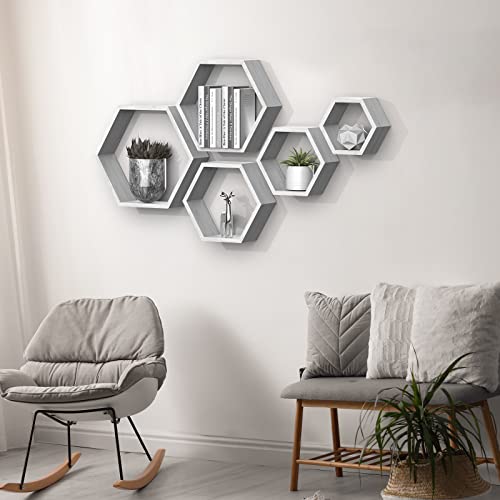 Hexagon Shelves Farmhouse Honeycomb Floating Shelves Set Of 5 Wood Storage Shelf For Plants Display Wall Hanging Shelves Modern Honeycomb Racks Sets For Living Room Bedroon Office, Grey-White #TOP6