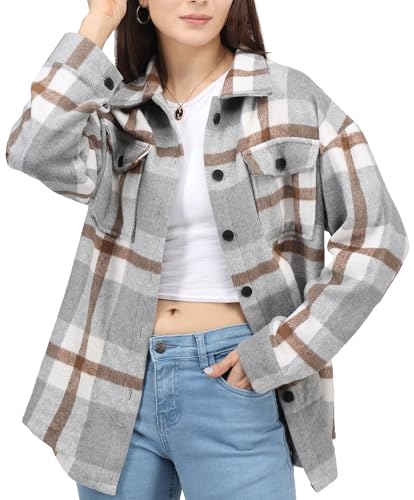 NY Threads Women's Flannel Shirt Button Down Long Sleeve Plaid Shacket Loose Fit Casual Jacket