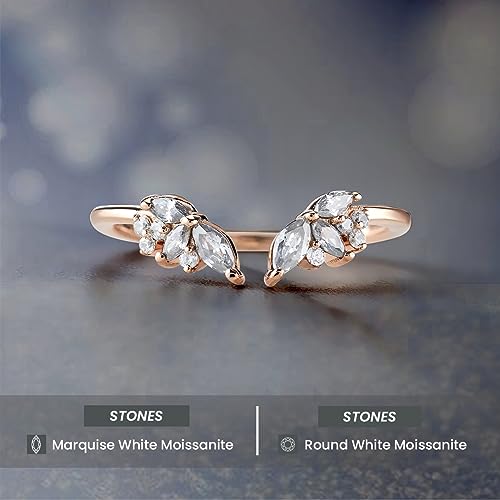 Women's 925 Sterling Silver 0.25CT Moissanite Wedding Band Ring Enhancer Guard Promise Bridal Engagement Stack Open Curved Marquise Cut Rose Gold Plated Size 4-102