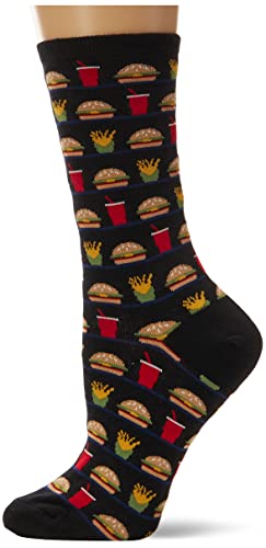Hot Sox Women s Food Drink and Alcohol Novelty Fashion Casual Crew Socks, Hamburger, Fried & Drink (Black), Shoe Size: 4-10