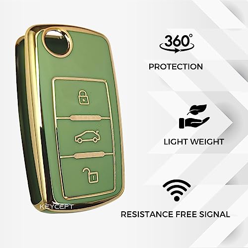 Image of KEYCEPT TPU Key Cover Compatible for Skoda Octavia, Laura, Superb, Fabia, Rapid, Polo, Vento, Jetta, Ameo, Passat 3 Button Remote flip Key (Type 1, Green).