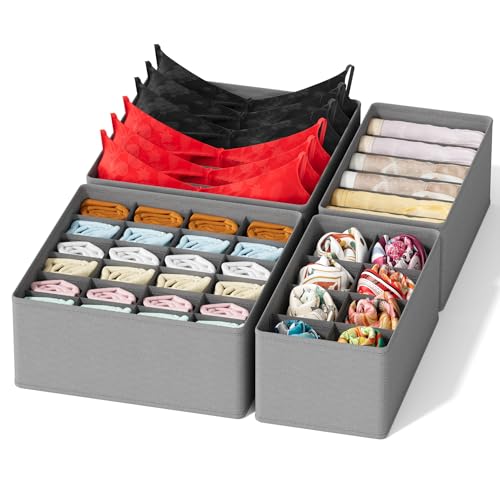 Image of SpaceAid Underwear Drawer Organizer, 4 Pack Dresser Organizer Bins for Nursery, Closet Organization and Storage with Dividers for Baby Clothes Socks Bra Ties Scarf (Grey)