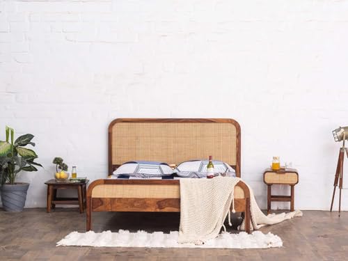 Image of Rattan King Size Bed for Bedroom | Wooden Cane King Size Cot | Sheesham Wood, Choco Brown Finish | Size: 72 x 78 in | Double Bed Palang for Living Room Home Furniture | Assembly- DIY