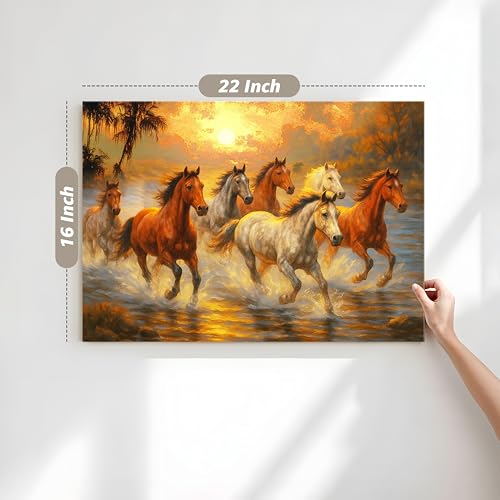 Image of PAINTINGMANTRA Seven Running Horses Wall Art Vastu Feng Shui Multicolor | Canvas Painting Stretched on Wood | Suits For Vastu-Friendly Place, Living Room, Bedroom, Hallways (16x22 Inch)