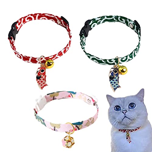 CaanDyy 猫 首輪 猫の首輪 猫用首輪 ネコ 猫 首輪 猫の首輪 猫用首輪 ネコ 首輪 猫 安心 鈴付 おしゃれな和風モダン ペット首輪 (レッド&グリーン)