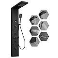Greenspring Shower Panel Tower System, Stainless Steel Multi-Function Shower Panel, Shower Tower with 5 Body Jets Handheld Shower Wand Tub Spout and Rainfall Head Temperature Display, Black