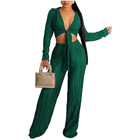 Womens Pleated 2 Piece Pants Outfits Long Sleeve Short Top Tie Sexy Casual Sweatsuit Sets, 07green, X-Large Cover