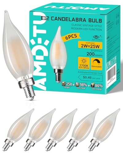 AMDTU E12 LED Candelabra Bulb 25 Watt Equivalent Dimmable Frosted Candle Light Bulb Warm White 2700k Small Base CA10 Chandelier Light Bulb Long Lasting Dining Room for Chandelier Light,Ceiling Fan