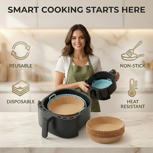 Image of 1 Silicone Air Fryer Liner + 100 Paper Sheets | Reusable Silicone Liner with Disposable Parchment Paper | Non-Stick, Heat Resistant, Oil-Proof | Easy Clean for Air Fryer, Oven & Microwave