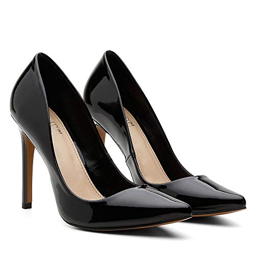 Scarpin Feminino Salto Alto Bico Fino Casual Conforto Verniz Preto 37