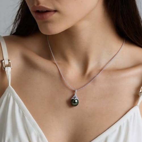 Tahitian Black Pearl Necklace, 9-12mm AAAA Natural Seawater Pearl Pendant with D Color Moissanite & 18K White Gold Plated Sterling Silver Chain, Luxury Jewelry Gifts for Women, Mother, Mom,Wife, Girlfriend, Anniversary, Birthday2