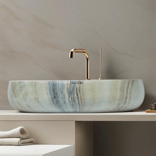 Image of Designer Counter Top Wash Basin | Tabletop Ceramic Bathroom Sink | Wash Basin Over Counter | Wash Basin For Bathroom, Living Room (24 x 15 x 6 Inch) (Glossy Beige N Black Strip)