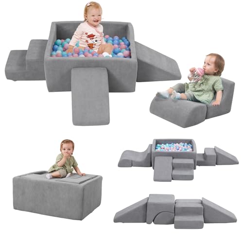 Baby Climbing Blocks with Ball Pit,6PCS Foam Climbing Toys for toddlers 1-3 Inside,Soft Crawl & Climb Activity Play Set Indoor,Modular Structure Washable Play Equipment,Gray(Balls Not Included)