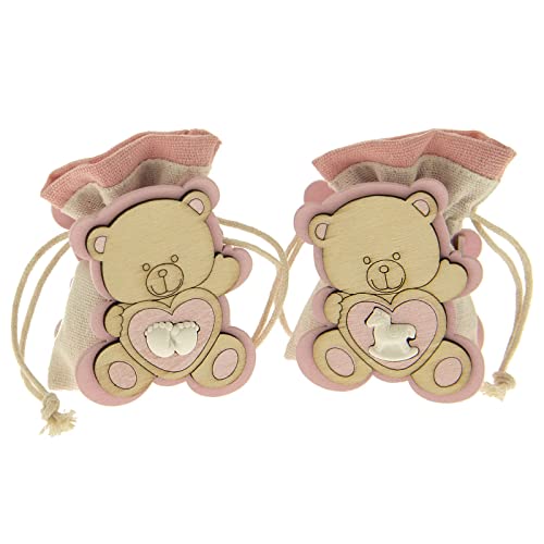 Ingrosso e Risparmio Kit de 12 boîtes à dragées en bois Sachet compris en forme d'ourson rose craie blanc central - bonbonnières naissance naissance