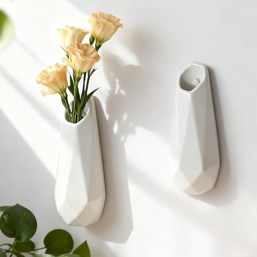 JIDOFUE Vase mural moderne en céramique, blanc, 5,9 pouces, pour fleurs et plantes, décoration murale élégante pour salon, bureau et cuisine