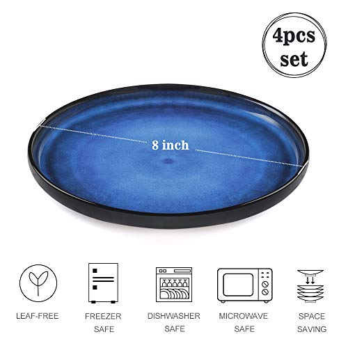 Meky Salad Plates, Porcelain 8 Inch Dessert Plates Set Of 4, Ceramic Round Plates For Snack Pasta Bread Appetizer Home Party Restaurant, Microwave Dishwasher Safe - Premium Reactive Glaze Sea Blue #TOP1